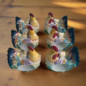 6 Fitz & Floyd Ricamo Roosters Ceramic Napkin Rings Holiday Table Thanksgiving